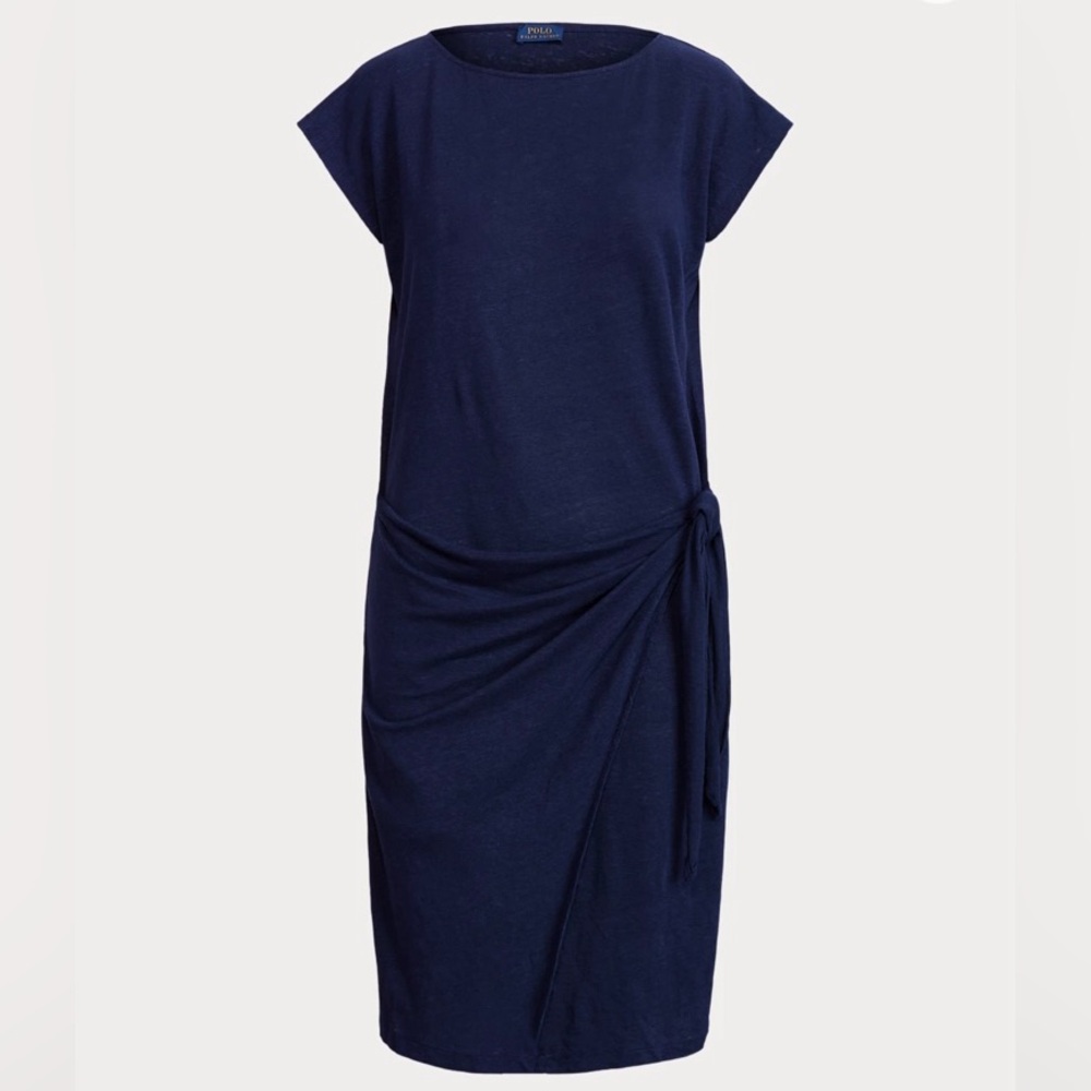 Polo by Ralph Lauren Faux Wrap Dress Self Tie 100% Linen Tee Shirt Dress